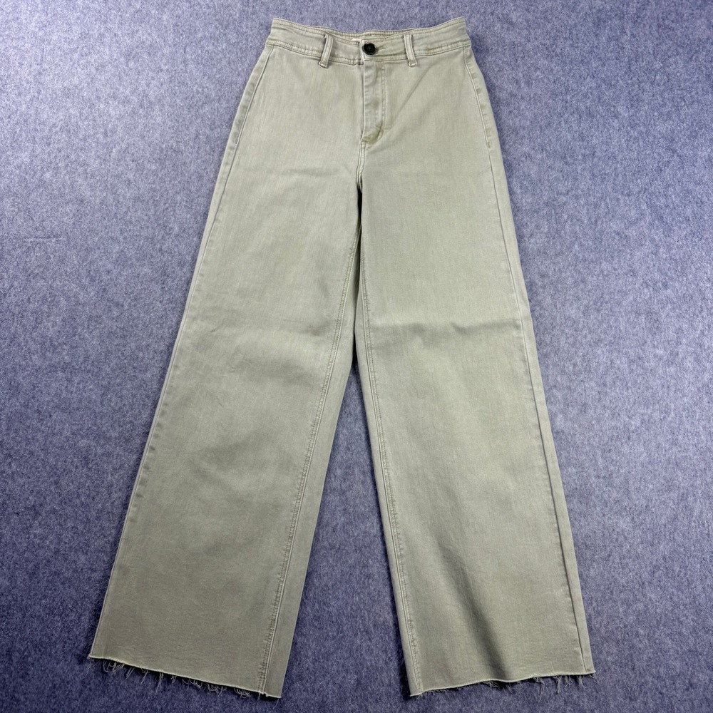 Oat New York Jeans Womens 2/26 Green High‎ Rise Wide Leg Raw Hem Denim Boh